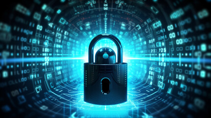 Poster - concept of internet safety and personal data privacy as a shielded lock protecting a network against