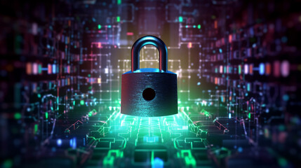 Poster - Personal data privacy as a shielded lock protecting a network against hacker attacks, with binary code flowing in the background, Generative AI