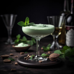 Wall Mural - Sweet and creamy Grasshopper cocktail made with creme de menthe, white creme de cacao, heavy cream.. AI generated