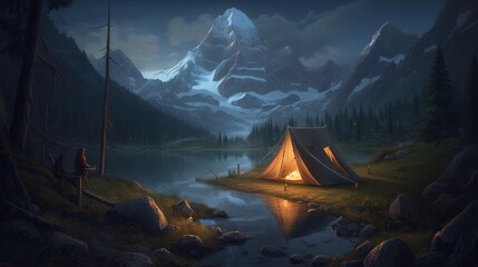 Wall Mural - a picture of a tent pitched close to a tranquil lake in the mountains. Generative AI