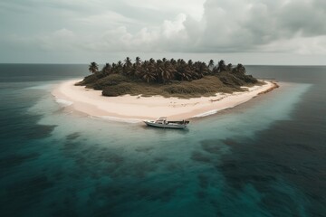 Wall Mural - a little island in the middle of the sea with a boat there. Generative AI