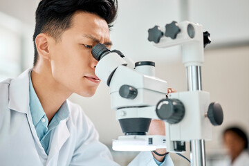 Aufkleber - Medical, science and microscope with an asian man doctor working in a lab for research or innovation. Healthcare, investigation and experiment with a male scientist in a laboratory for analysis