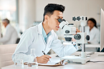 Poster - Science, notebook and microscope with an asian man doctor working in a lab for research or innovation. Healthcare, medical and writing with a male scientist working in a laboratory for analysis