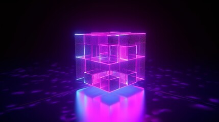 Wall Mural - 3d render, abstract background with cubic box and bright neon light. Performance stage decoration glowing in ultraviolet light, Generative AI