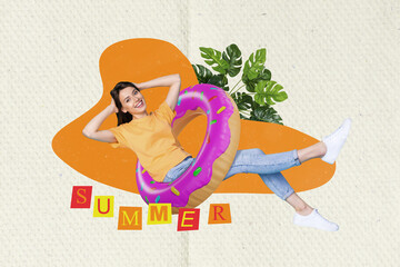 Poster - 3d creative artwork template collage of smiling charming lady relaxing donut circle isolated painting background