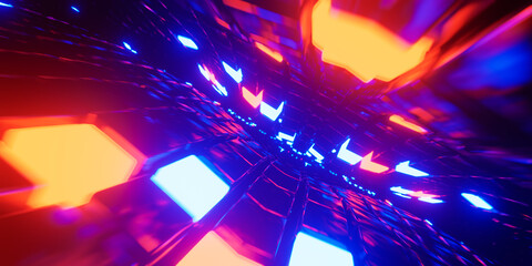 Poster - Bright glowing neon background. Speed light, neon particles with blurred rays in motion. 3d illustration