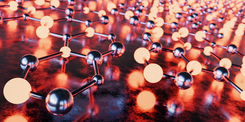 Poster - Orange geometric background 3d balls and connections link. Abstract geometric pattern. wide web banner. high tech backdrop. 3d rendering.