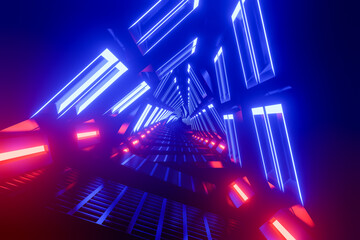 Poster - Bright glowing neon background. Futuristic hyperspace speed Tunnel light trail Streaks background. Glow blur lines abstract background. 3D rendering
