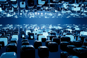 Poster - Abstract blue high tech background of 3d cubes. Abstract geometric pattern. blue wide web banner. hi-tech backdrop. 3d rendering
