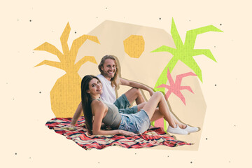 Sticker - Collage portrait of two positive peaceful partners laying blanket beach drawing palm trees isolated on creative background