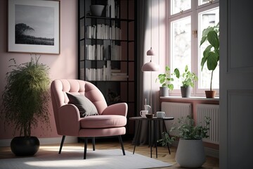 Sticker - a pink armchair in a scandinavian-inspired living room, surrounded by minimalist decor, created with generative ai