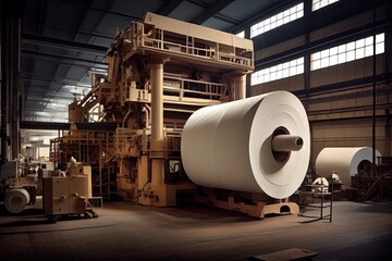 Wall Mural - pulp and paper factory, with enormous machines producing rolls of paper, created with generative ai