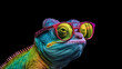 portrait of a gorgeous stylish trendy modern chameleon animal in stylish glasses. Black backgorund. Creative portrait in iridescent neon colors, concept photo in neon lighting. AI generated.