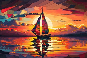 Canvas Print - sunset sailboat, with sails unfurled and sky bursting in colors, on the calm water, created with generative ai