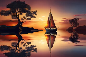 Poster - sunset sailboat on tranquil lake, with reflection and serenity, created with generative ai