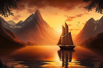 Sticker - sunset sailboat with view of towering mountains, surrounded by the tranquility of nature, created with generative ai