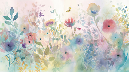  Watercolor floral wallpaper background in pastel colors. Generative AI