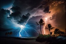 Tropical Cyclone, With View Of Raging Storm Clouds And Lightning Flashes, Created With Generative Ai