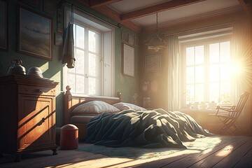 Wall Mural - a cozy bedroom with sunlight shining through the window, created with generative ai