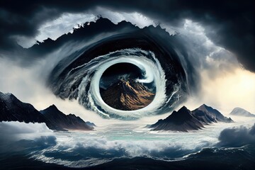 Canvas Print - tropical cyclone, with its eye visible, over majestic mountain range, created with generative ai