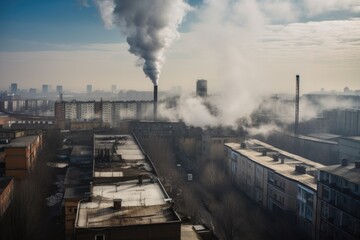 Wall Mural - toxic fumes from smokestack rise above factory, surrounded by polluted cityscape, created with generative ai