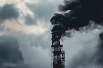 Wall Mural - factory chimney spewing black smoke into gray sky, created with generative ai