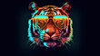 portrait of a gorgeous stylish trendy modern tiger animal in stylish glasses. Black backgorund. Creative portrait in iridescent neon colors, concept photo in neon lighting. AI generated.