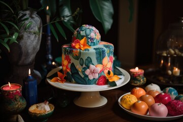 Wall Mural - decorative cake with pops of color and tropical pattern, created with generative ai