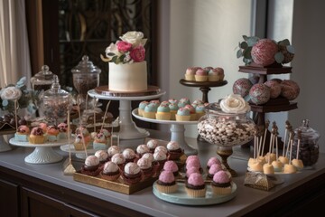 Wall Mural - decorative cake bar with mini cakes, cupcakes, and cake pops, created with generative ai