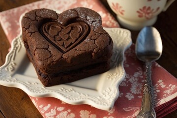 Canvas Print - heart-shaped brownie with heart-shaped cookie cutter on a stack of napkins, created with generative ai