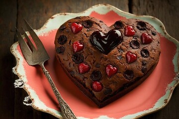 Wall Mural - heart-shaped brownie with a cherry on top, created with generative ai
