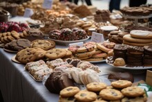 bake sale table, overflowing with holiday cookies and treats, created with generative ai