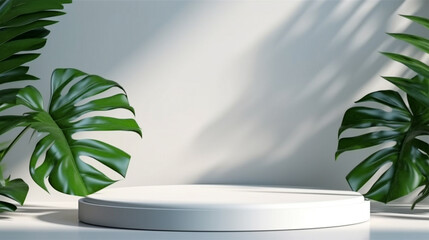Wall Mural - Minimal white podium with soft leaves shadow overlay and sunlight. Tropical palm leaf element for showcase product presentation cosmetic, skincare, beauty treatment product.