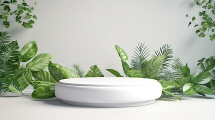 Wall Mural - Minimal white podium with soft leaves shadow overlay and sunlight. Tropical palm leaf element for showcase product presentation cosmetic, skincare, beauty treatment product.