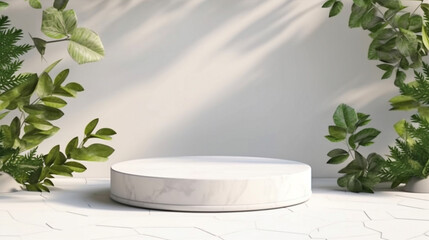 Wall Mural - Minimal white podium with soft leaves shadow overlay and sunlight. Tropical palm leaf element for showcase product presentation cosmetic, skincare, beauty treatment product.