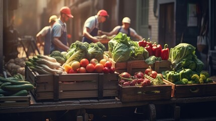 A group of farmers loading up a truck full of crates of colorful vegetables.
