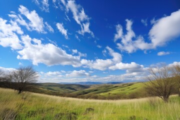 Wall Mural - serene landscape with clear blue sky and fluffy clouds, created with generative ai