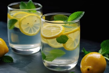 Wall Mural - refreshing summer lemonade with slice of fresh lemon floating on top, created with generative ai