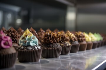 Poster - line of beautifully decorated chocolate cupcakes on display, created with generative ai