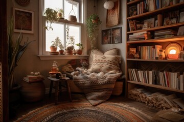 Sticker - cozy reading nook with a hot cup of tea, surrounded by books and magazines, created with generative ai