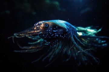 Wall Mural - deep-sea creature swimming through the depths, surrounded by shimmering light, created with generative ai