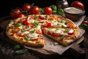 Canvas Print - pizza with heaping pile of gooey mozzarella and fresh tomatoes, created with generative ai