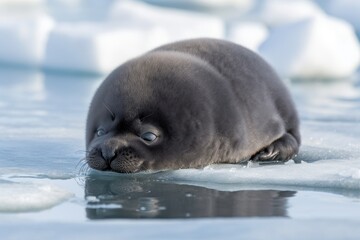 Wall Mural - seal pup napping on ice with its flippers and whiskers splayed out, created with generative ai