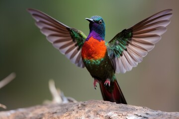 Wall Mural - hummingbird flapping its wings in flight, showing off its colorful plumage, created with generative ai