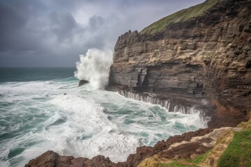 Wall Mural - coastal cliff face with waves crashing into the rocks below, making for a dramatic view, created with generative ai