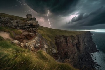 Wall Mural - stormy sky, with dramatic clouds and lightning, above a rugged cliffscape, created with generative ai