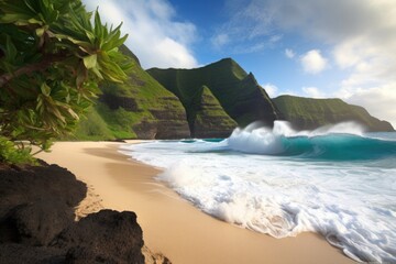 Wall Mural - tropical beach with a view of towering cliffs and crashing waves, created with generative ai