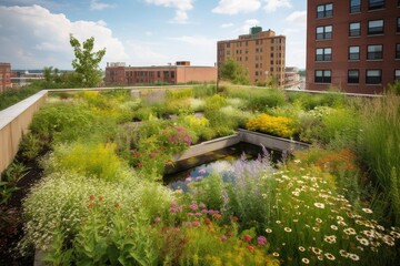 Poster - green rooftop garden with blooming flowers and water feature, created with generative ai