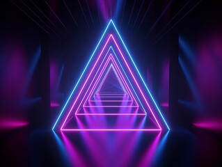 Wall Mural - 3d render, ultraviolet neon triangular portal, glowing lines, tunnel, corridor, virtual reality, abstract fashion background, neon lights, arch, pink blue triangle, spectrum, laser, Generative AI