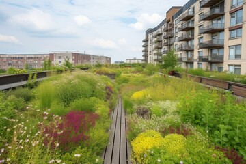 Poster - green rooftop garden, with blooming flowers and herbs, in modern office building, created with generative ai